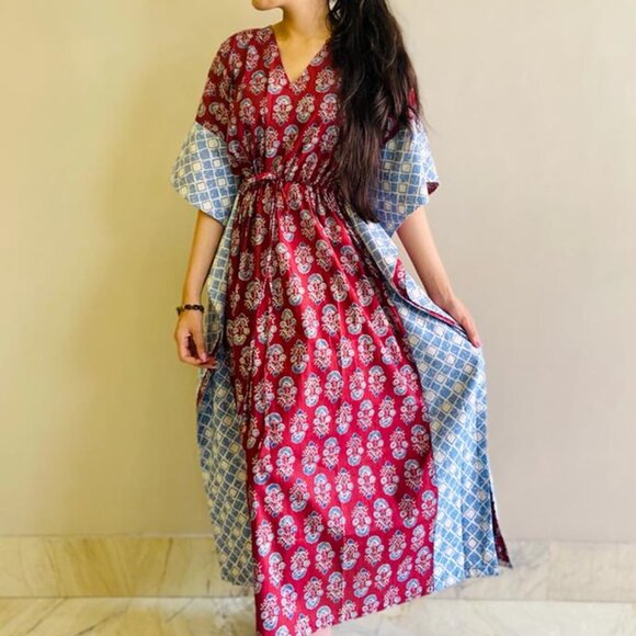 Brand New Women Indian Handmade Cotton Kaftan Hand Block Print Caftan Gown - Picture 7 of 8